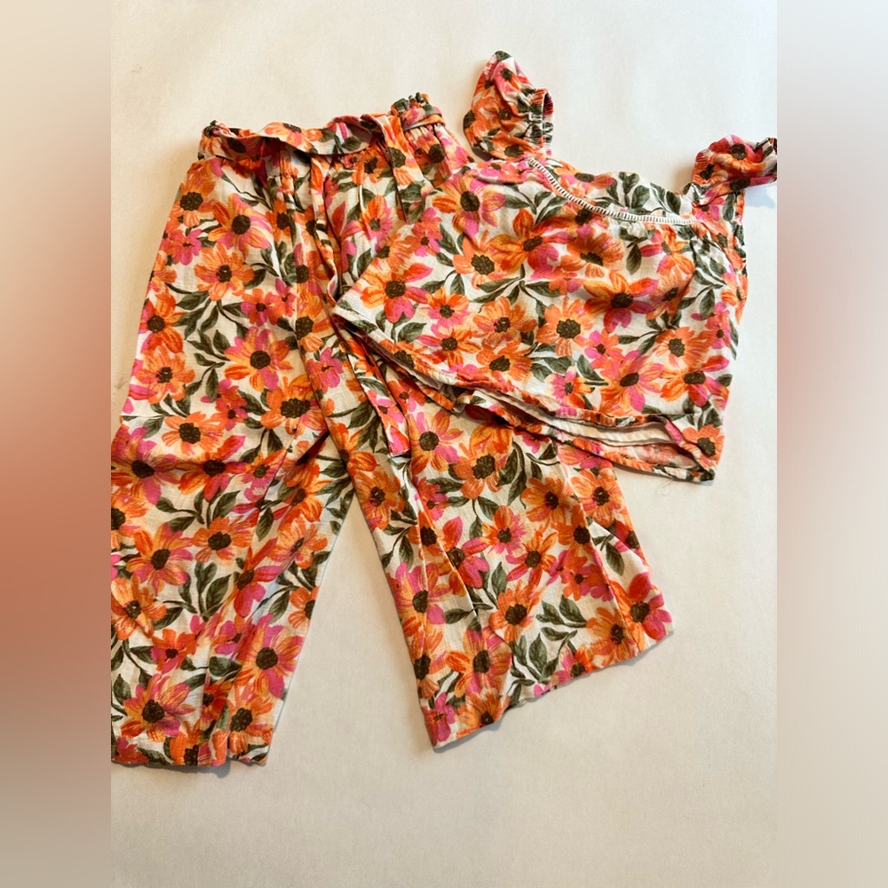 btween Pink & Orange Floral Ruffle Strap Top and Leggings Set